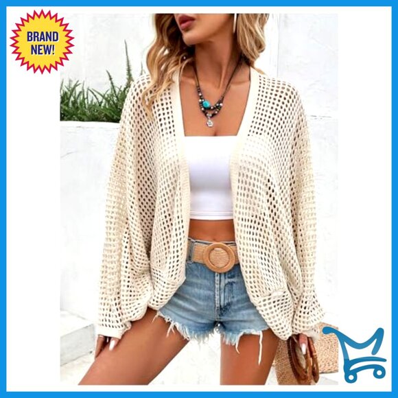Oversized Open Front Cardigan Lightweight Knit Sweater Beach Cover Up - Picture 3 of 7